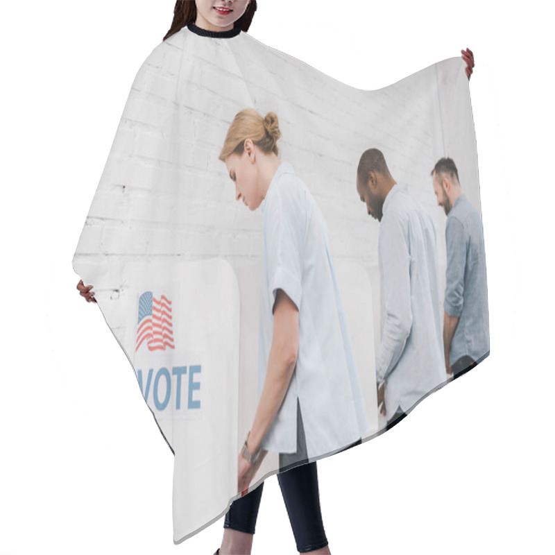 Personality  Selective Focus Of Multicultural Citizens Voting Near Brick Wall  Hair Cutting Cape