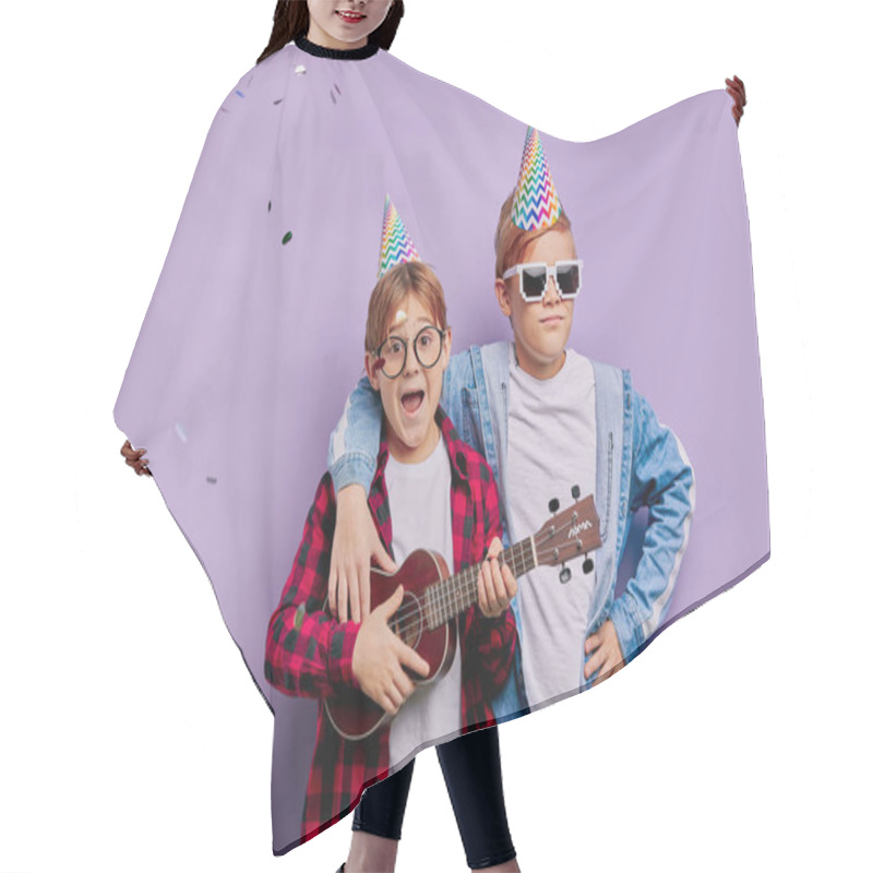 Personality  Happy Boys Happy In Birthday Isolated Over Purple Background Hair Cutting Cape