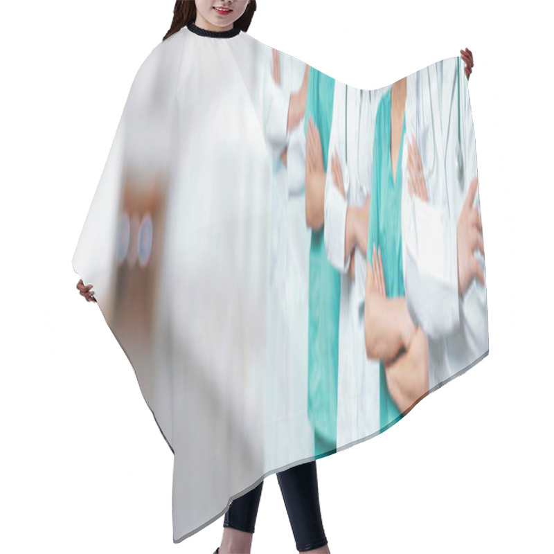 Personality  Confident Medical Staff Team With Doctor Nurse And Healthcare Specialist Professions People In Blurry Hospital Corridor Background. Medical And Healthcare Community In Panoramic Banner. Neoteric Hair Cutting Cape