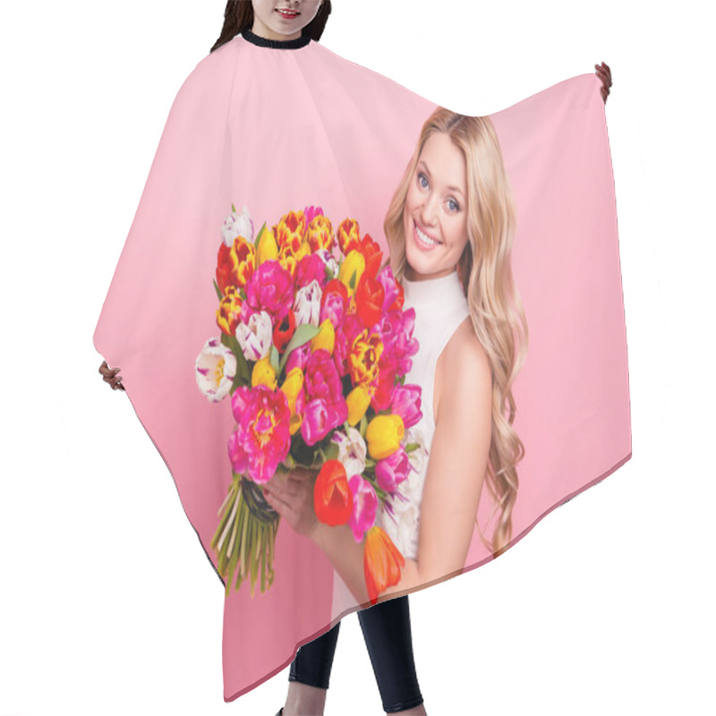 Personality  Portrait Of Gorgeous Good Girl Holding Big Bouquet Of Aromatic Tulips In Hands Looking At Camera Isolated On Pink Background Hair Cutting Cape