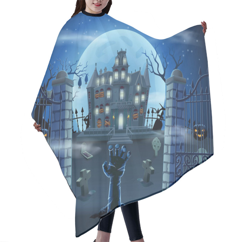 Personality  Happy Halloween Background With Zombie Hand From The Ground On Graveyard With Haunted House, Pumpkins And Full Moon Hair Cutting Cape