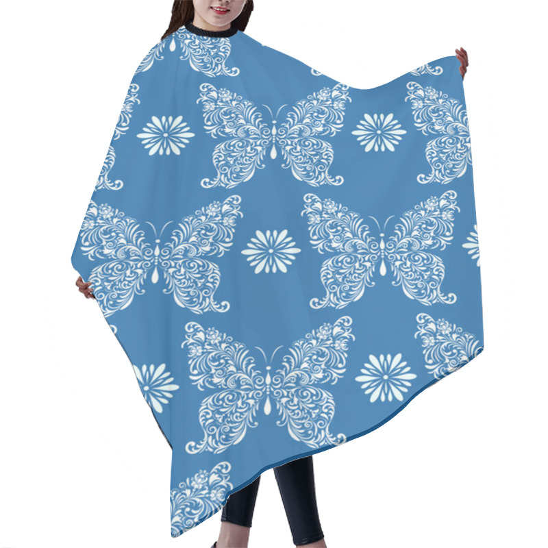 Personality  Abstract Floral Butterflies On Blue Background Hair Cutting Cape