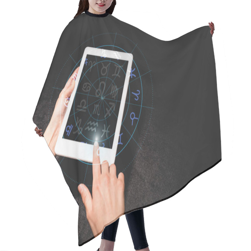 Personality  Cropped View Of Astrologer Holding Digital Tablet With Zodiac Signs On Black Velvet Cloth Hair Cutting Cape