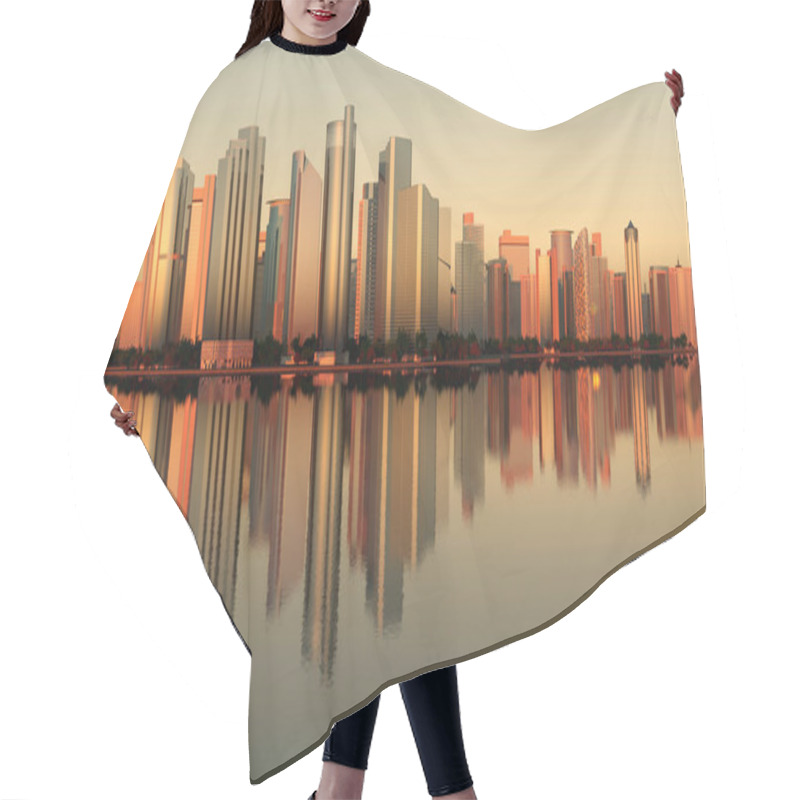 Personality  Panoramic Skyline Of Glass And Steel Skyscraper Buildings Reflected In Watter In The Dusk Light, Stylized 3d Illustration Hair Cutting Cape