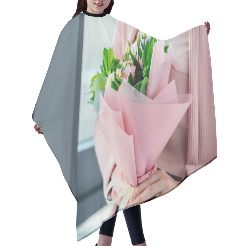 Personality  Cropped Shot Of Woman With Bouquet Of Flowers In Hands, Mothers Day Concept Hair Cutting Cape