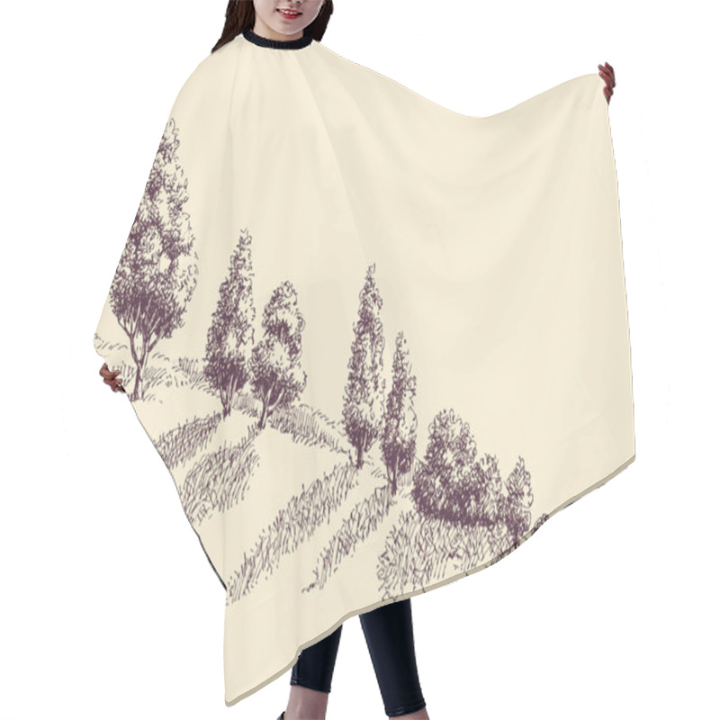 Personality  Trees Growing On A Hill Slope Sketch Hair Cutting Cape