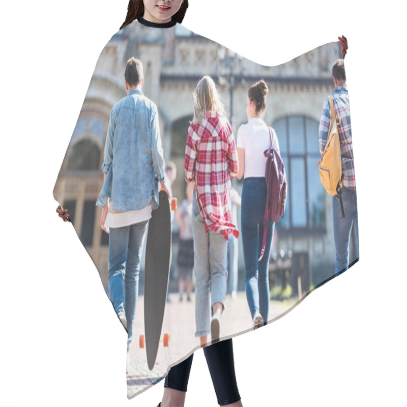 Personality  Rear View Of Group Of Teenagers Walking At School Building Hair Cutting Cape