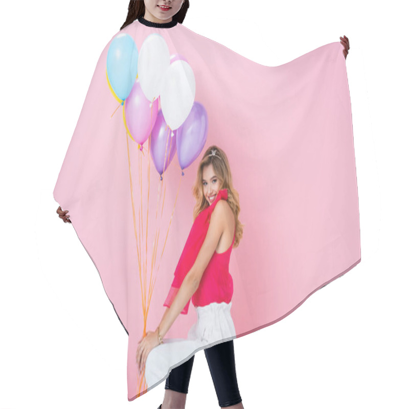 Personality  Elegant Happy Woman In Crown With Balloons On Pink Background Hair Cutting Cape