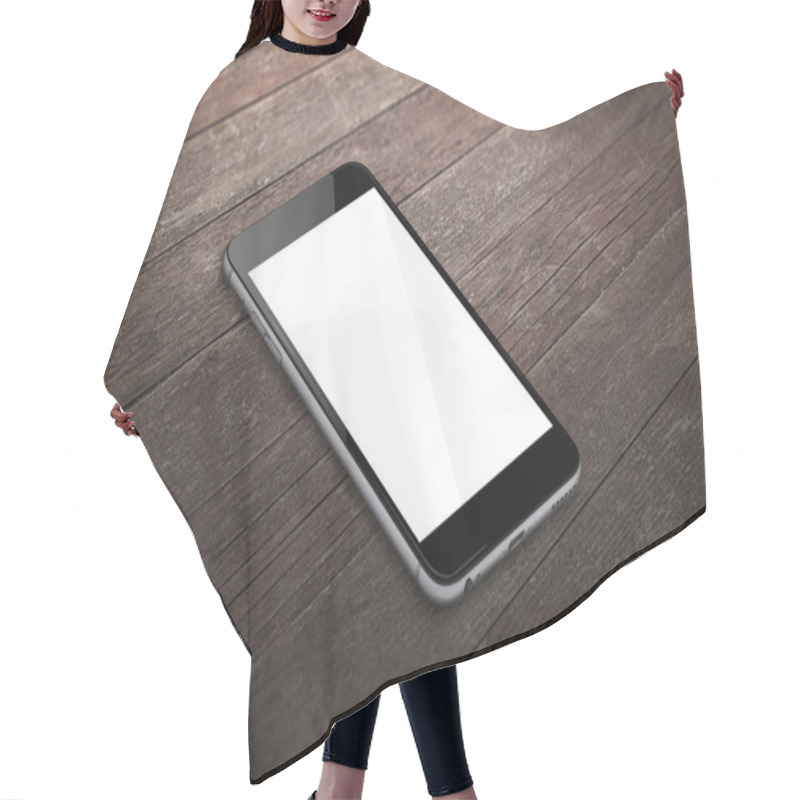 Personality  Smart Phone With Isolated White Screen For Mockup. Isometric View Phone On Table. Hair Cutting Cape