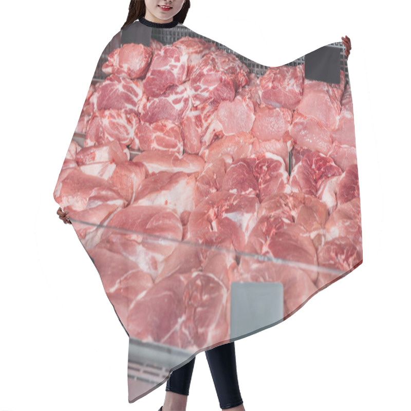 Personality  Close Up View Of Arranged Raw Meat In Grocery Shop Hair Cutting Cape