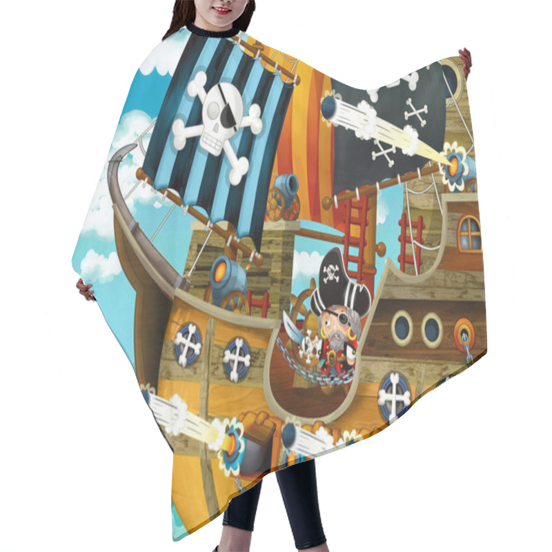 Personality  Cartoon Scene With Pirate Ship Sailing Through The Seas With Scary Pirates And Shooting Cannons - Illustration For Children Hair Cutting Cape