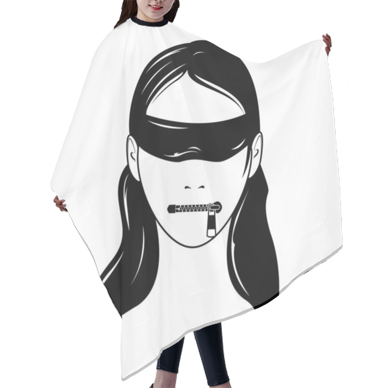 Personality  Face Of Woman With Blindfold And Closed Zip Fastener Instead Of Lips, Censorship And Secret, Keep Silence, Vector Hair Cutting Cape