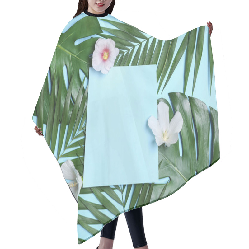 Personality  Flat Lay Composition With Tropical Leaves And Hibiscus Flowers On Blue Background. Space For Text Hair Cutting Cape