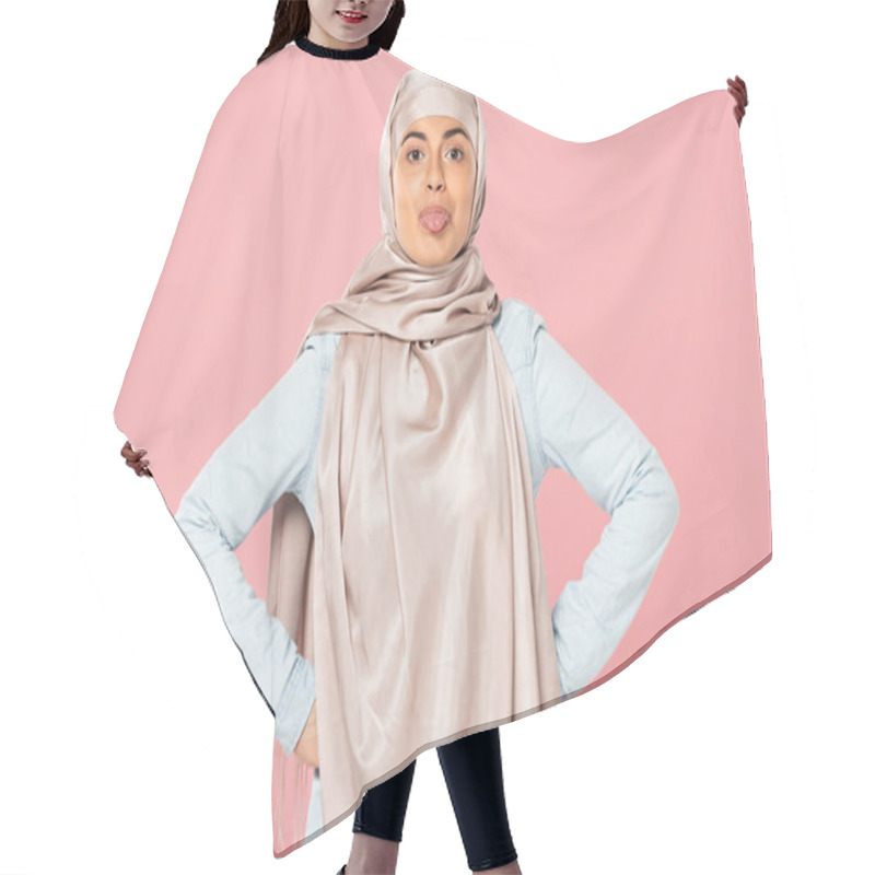 Personality  Beautiful Funny Muslim Woman In Hijab Sticking Tongue Out, Isolated On Pink  Hair Cutting Cape