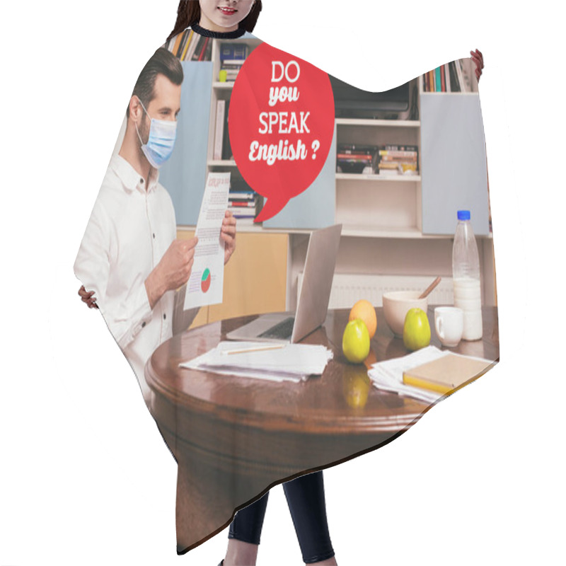 Personality  Freelancer In Medical Mask, Shirt And Panties Holding Document While Having Video Chat On Laptop Near Breakfast On Table, Do You Speak English Illustration Hair Cutting Cape