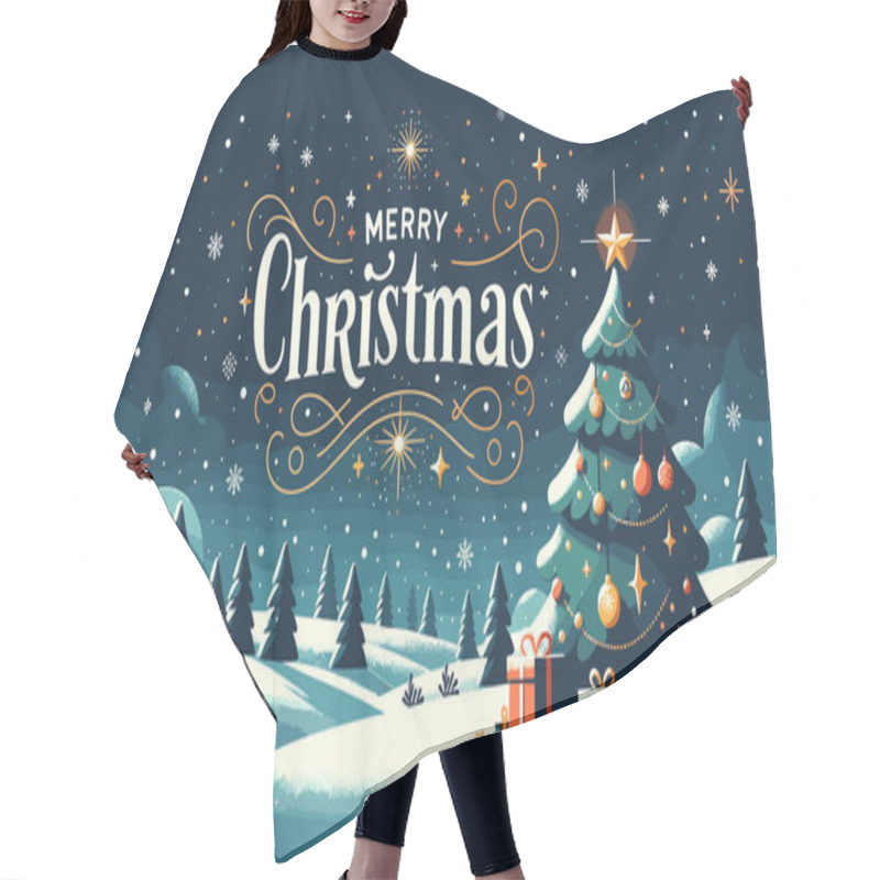 Personality  A Decorated Christmas Tree Stands To One Side With Presents Beneath It. Snowflakes Gently Fall, And The Phrase 'Merry Christmas' Is Written In Elegant Font Hair Cutting Cape