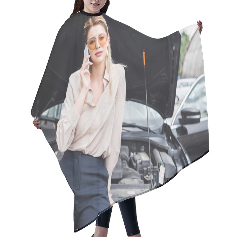 Personality  Businesswoman Talking On Smartphone Near Broken Auto With Open Trunk, Car Insurance Concept Hair Cutting Cape