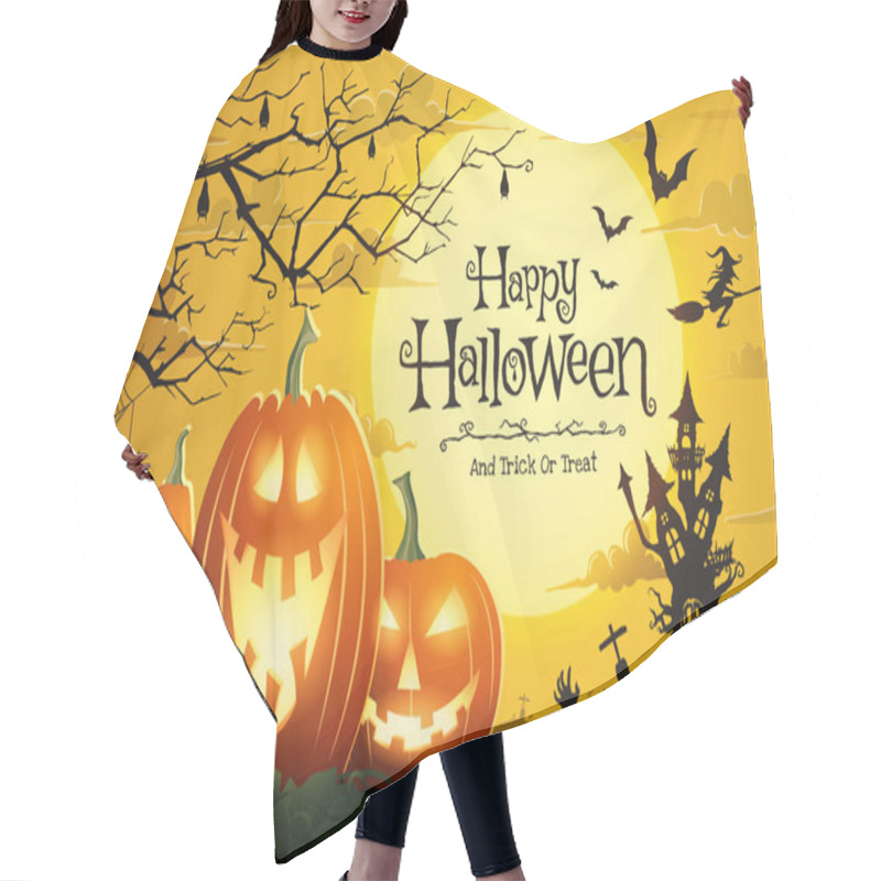 Personality  Halloween Pumpkins And Castle Spooky In Night Of Full Moon And Bats Flying. Hair Cutting Cape