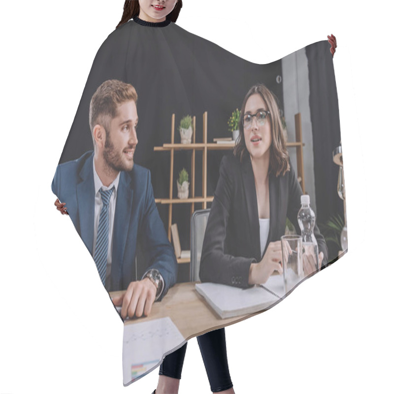 Personality  Smiling Businessman Looking At Young Colleague Talking At Business Meeting Hair Cutting Cape