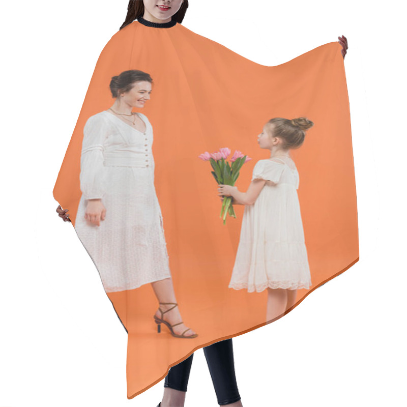 Personality  Mother`s Day, Cute Preteen Girl Holding Bouquet Of Flowers Near Mother On Orange Background, Bonding, White Dresses, Pink Tulips, Happy Holiday, Vibrant Colors, Joyful Occasion  Hair Cutting Cape