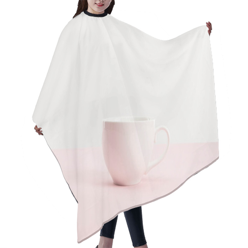 Personality  White Cup With Drink On Pink Surface Isolated On Grey  Hair Cutting Cape