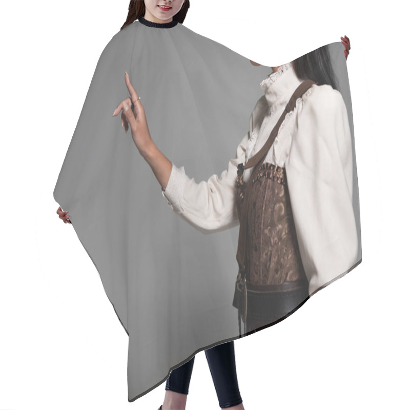 Personality  Cropped View Of Steampunk Young Woman In White Blouse Gesturing On Grey Hair Cutting Cape