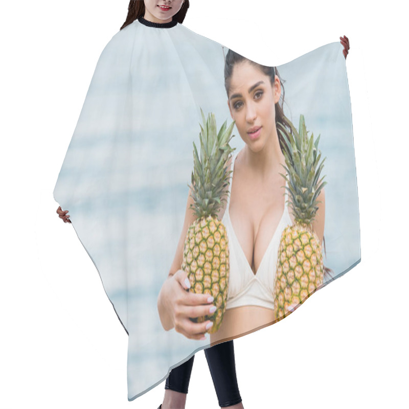 Personality  Girl In White Bikini Holding Sweet Pineapples Near The Sea Hair Cutting Cape