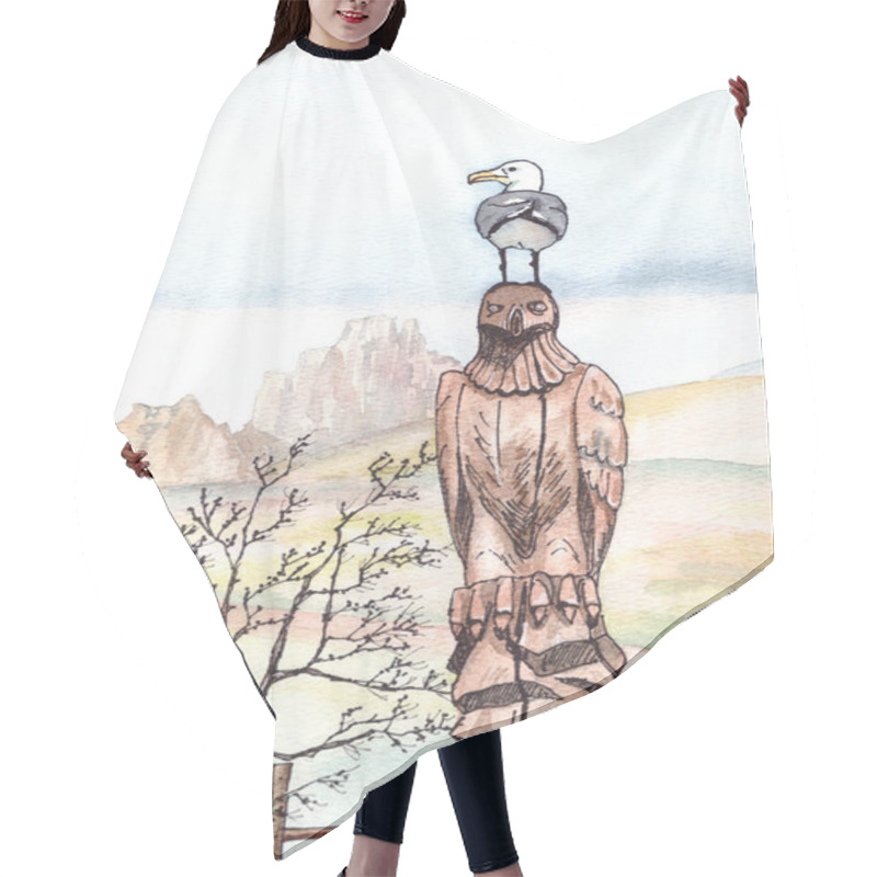 Personality  Seagull Sits On The Head Of A Wooden Eagle Against The Backdrop Of Lake Baikal And The Shamanka Cliffs On Olkhon Island, Graphic And Watercolor Drawing, Travel Sketch, Copy Spase. High Quality Illustration Hair Cutting Cape