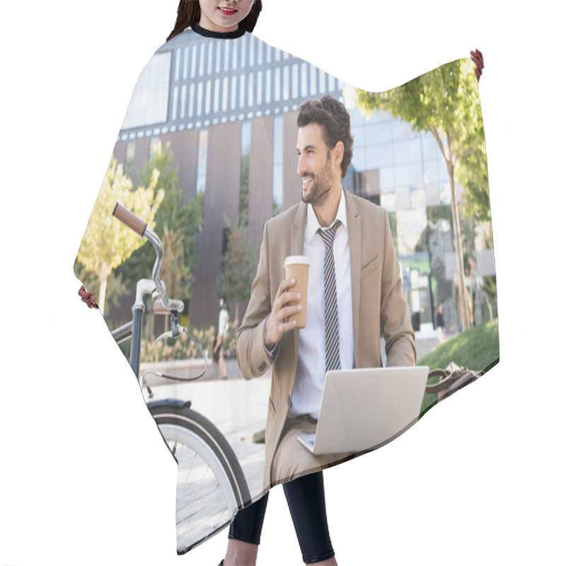 Personality  Happy Businessman In Suit Using Laptop And Holding Paper Cup While Sitting On Bench Near Bike Hair Cutting Cape