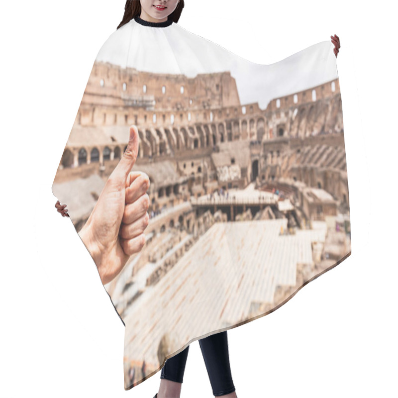 Personality  ROME, ITALY - JUNE 28, 2019: Partial View Of Man Showing Thumb Up In Front Of Colosseum Hair Cutting Cape