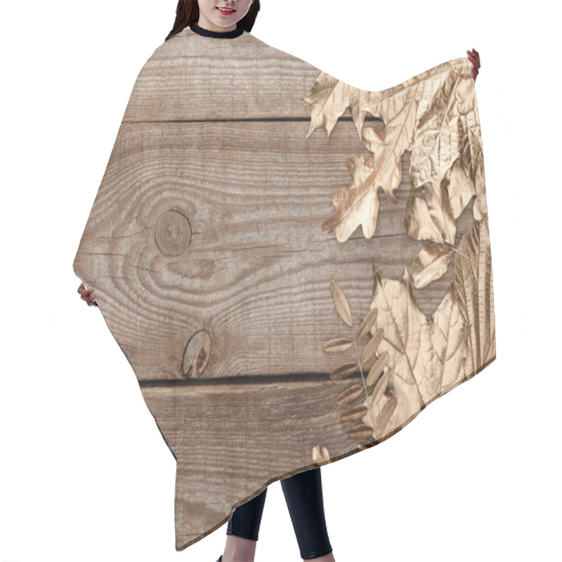 Personality  Top View Of Golden Foliage On Wooden Textured Background Hair Cutting Cape