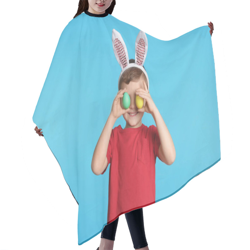 Personality  Little Boy In Bunny Ears Headband Holding Easter Eggs Near Eyes On Color Background Hair Cutting Cape