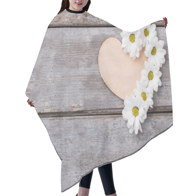 Personality  Wooden Heart With White Chamomile Flowers Composition. Hair Cutting Cape