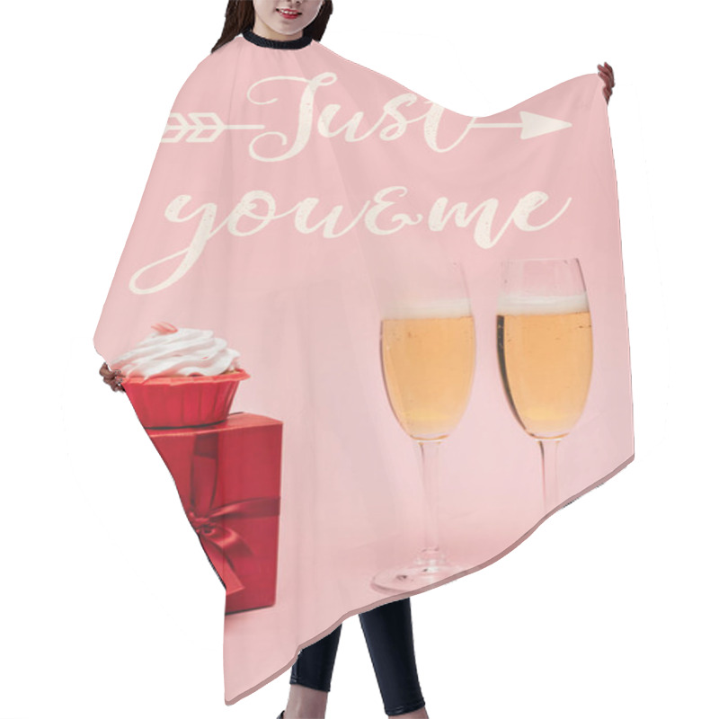 Personality  Champagne Glasses Near Gift, Cupcake And Just You And Me Lettering On Pink Hair Cutting Cape