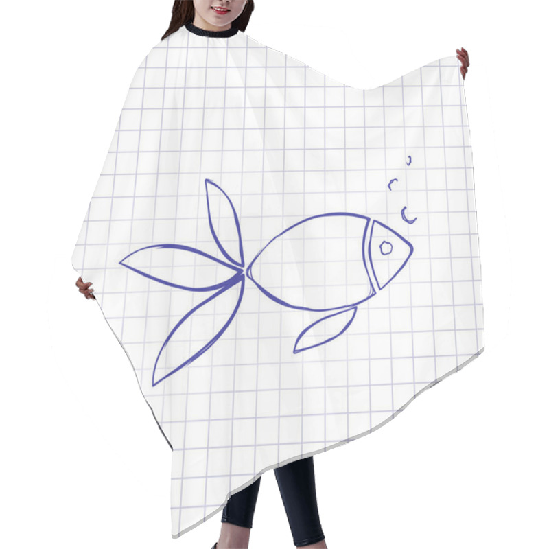 Personality  Fish With Bubbles Icon. Hand Drawn Picture On Paper Sheet. Blue Ink, Outline Sketch Style. Doodle On Checkered Background Hair Cutting Cape