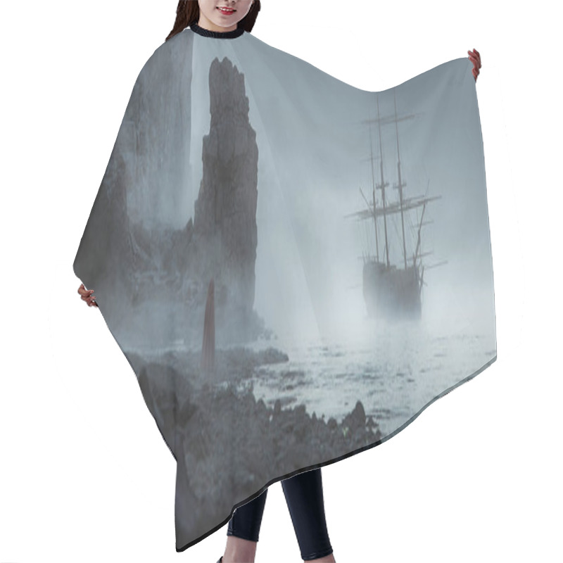 Personality  Odd Figure Standing On A Sandstone Beach Near The Ocean Looking At A Ghost Ship Approaching The Coast In A Mist Cloudly Day Foreground Out Of Focus - Concept Art - 3D Rendering  Hair Cutting Cape