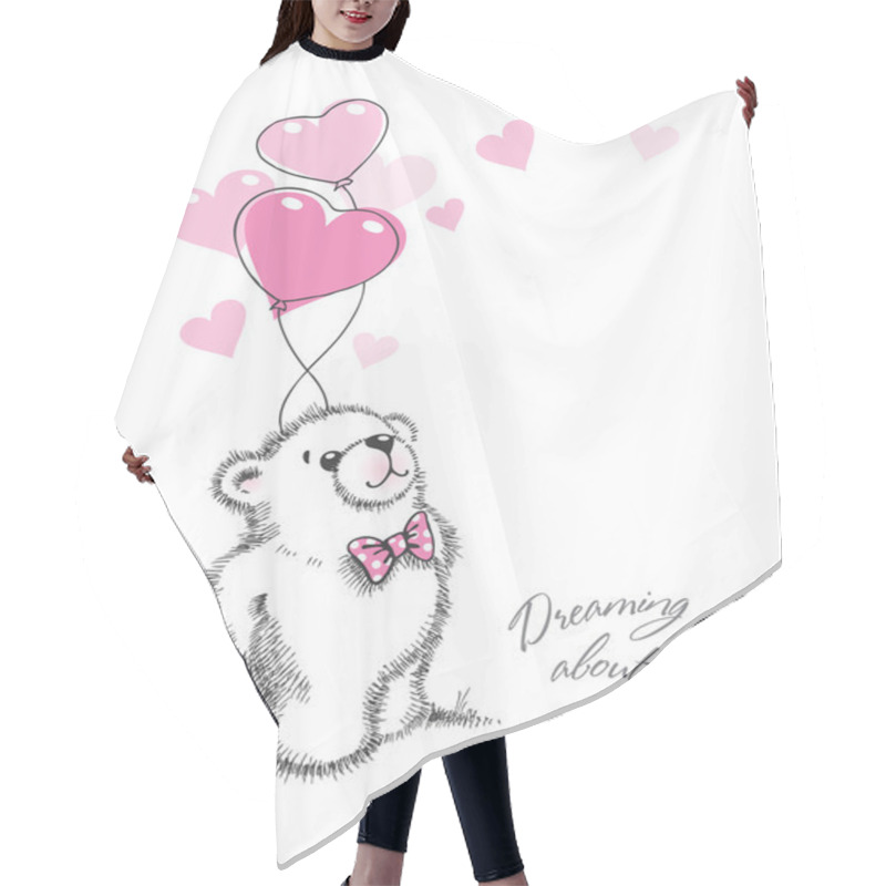 Personality  Teddy Bear Keeps The Balloons In The Form Of Hearts. Hand Drawn Hair Cutting Cape