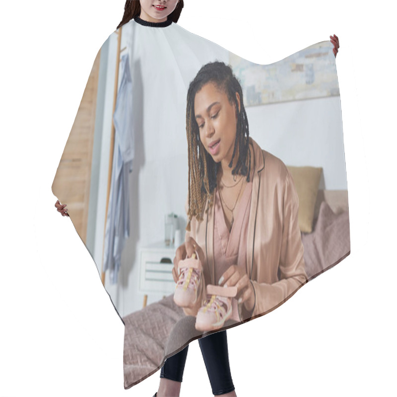 Personality  Excited African American Woman Holding Tiny Baby Shoes, Future Mother, Expectation, Awaiting Hair Cutting Cape