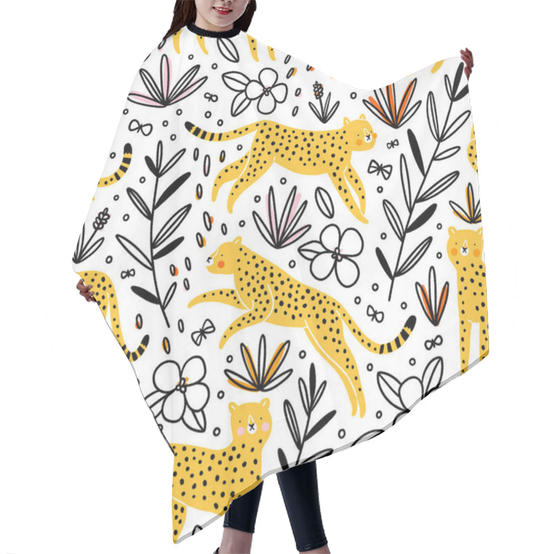 Personality  Cute Yellow Cheetahs Hunting Butterflies, Outline Vector Seamless Pattern With Small Colorful Spots Hair Cutting Cape