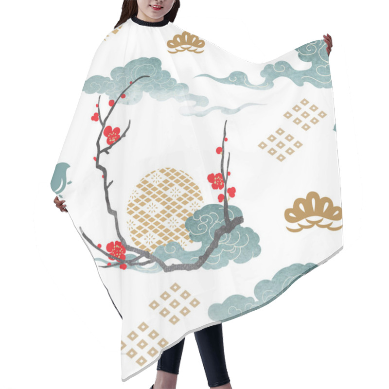 Personality  Japanese Seamless Pattern With Abstract Art Elements Vector. Asian Background With Oriental Decoration Such As Hand Drawn Bamboo Tree, Cherry Blossom Flower, Cloud Icon In Vintage Style.  Hair Cutting Cape