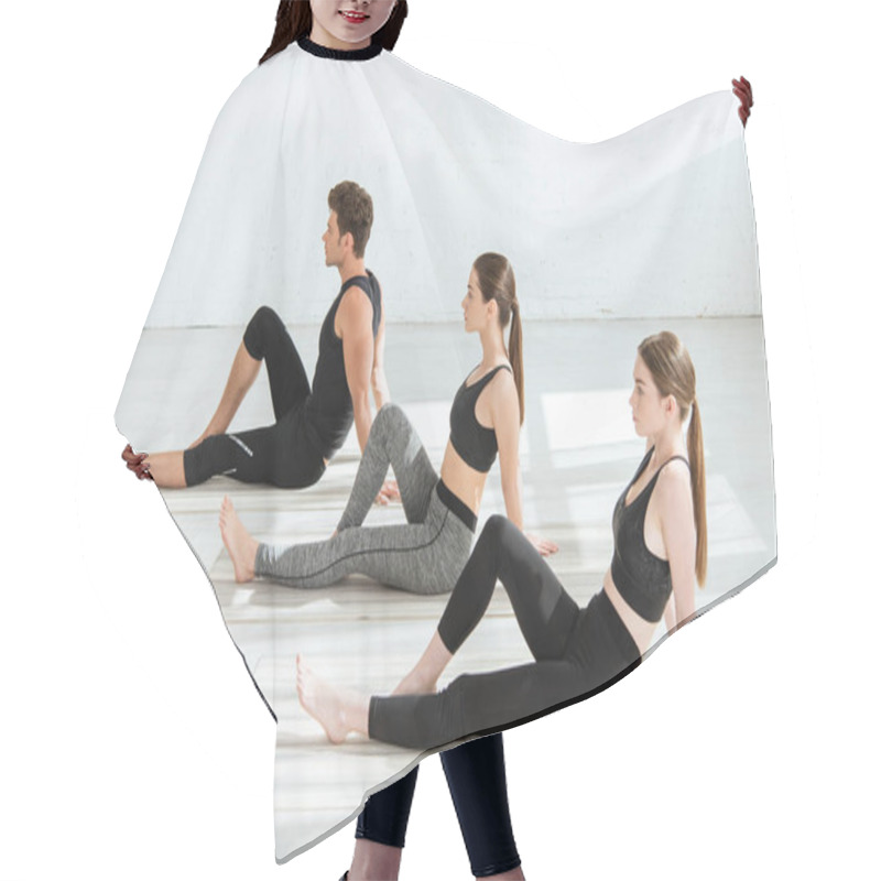 Personality  Young Women And Man Practicing Yoga In Staff Pose With Bent Knee Hair Cutting Cape