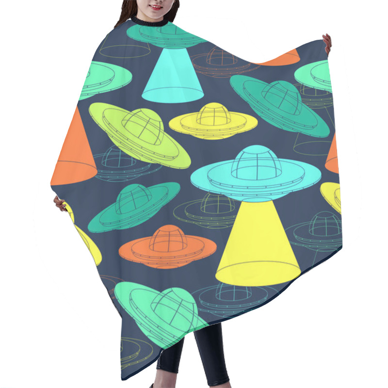 Personality  Seamless Pattern With UFO Spaceship. Unidentified Flying Object With Light Beam. Vector Illustration Hair Cutting Cape