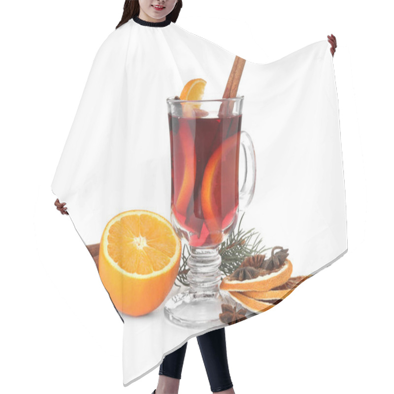 Personality  Composition With Glass Cup Of Mulled Wine, Cinnamon, Orange And Fir Branch On White Background Hair Cutting Cape