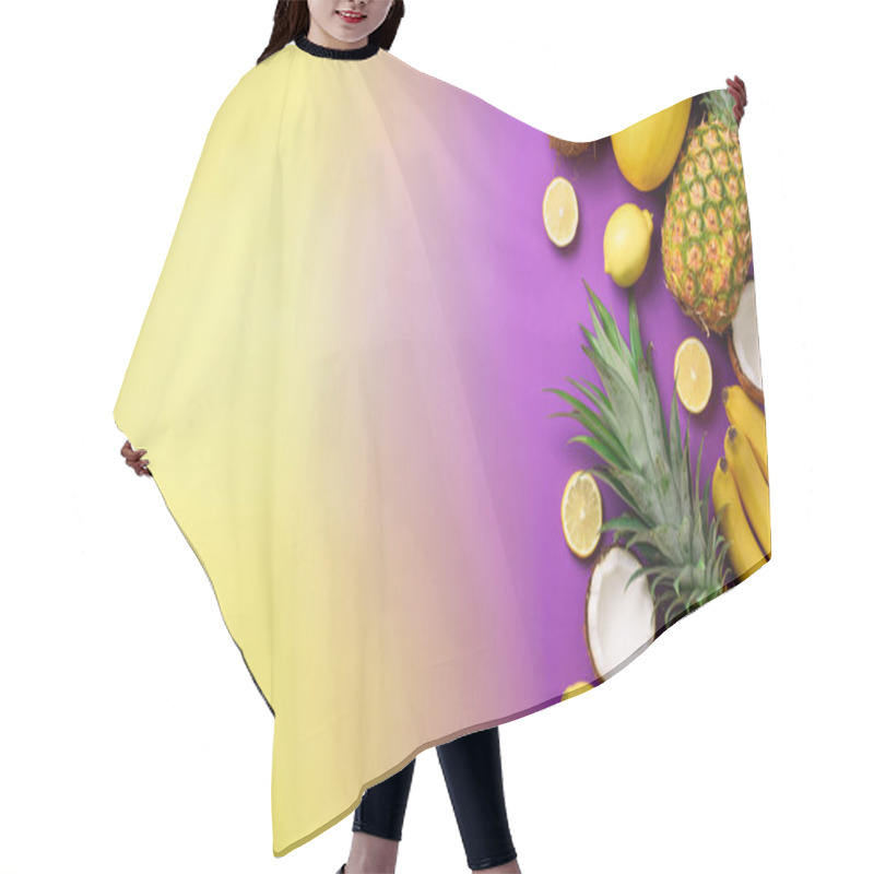 Personality  Exotic Pineapples, Coconuts, Banana, Melon, Lemon, Tropical Palm And Green Monstera Leaves On Yellow, Purple Background With Copyspace. Creative Layout. Monochrome Summer Concept. Flat Lay, Top View. Hair Cutting Cape