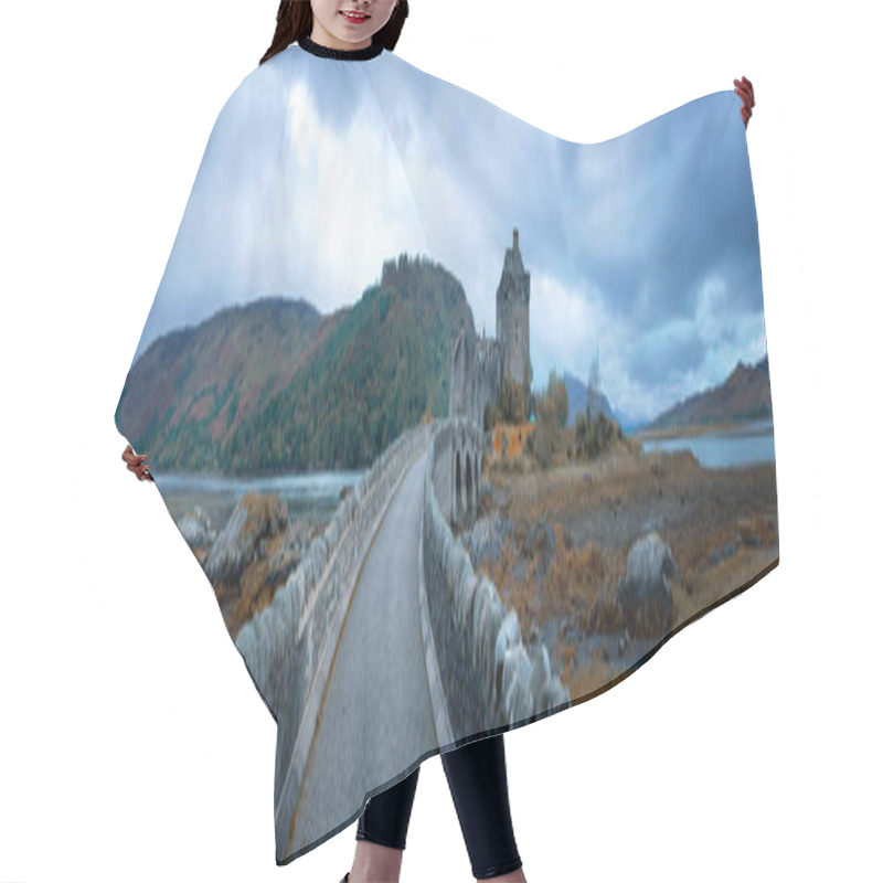 Personality  The Road Across Loch Duich To Eilean Donan Castle In The Highlands Of Scotland. Blue Hour Panorama In Autumn. Hair Cutting Cape