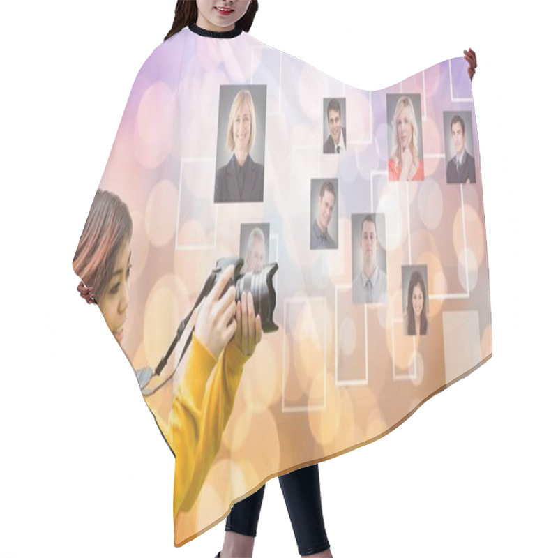 Personality  Photographer Using SLR Camera By Flying Portraits Hair Cutting Cape