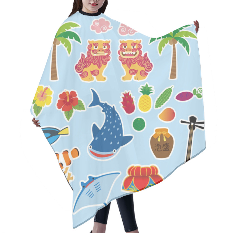 Personality  Okinawa Illustration With Local Specialty, Shisa, Tropical Fruits, Whale Shark, Hibiscus, Palm Tree, Coral, Tropical Fish, Manta Ray, Hat Decorated With Flower, Sanshin; Okinawan Traditional Three-stringed Instrument Hair Cutting Cape