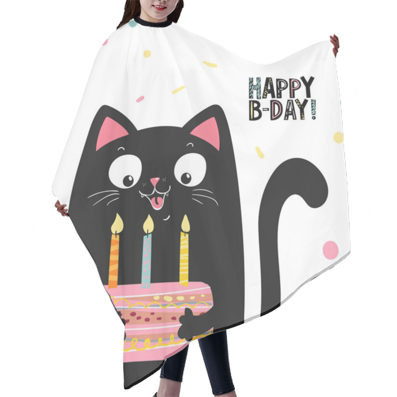 Personality  Happy Black Cat With Cake And Lettering Happy Birthday , Vector Illustration EPS 10 Hair Cutting Cape