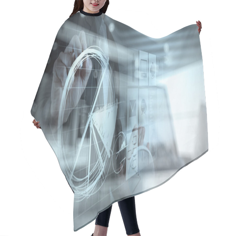 Personality  Double Exposure Of Businessman Hand Working With New Modern Comp Hair Cutting Cape