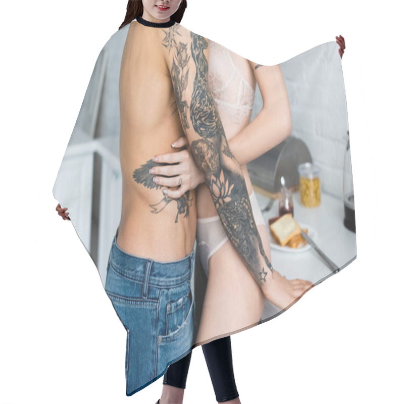 Personality  Cropped View Of Girl In Lingerie Embracing Torso Of Tattooed Boyfriend Near Kitchen Worktop  Hair Cutting Cape